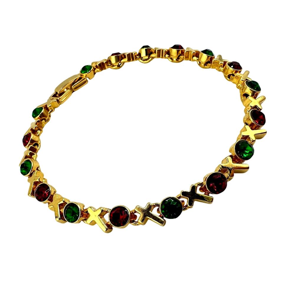 Vintage Christmas Rhinestone Red Green Cross Links Gold Tone Tennis 7” Bracelet